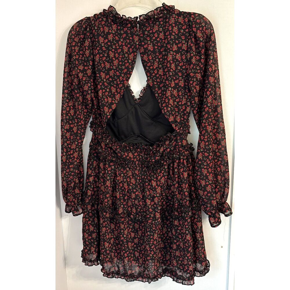 ROW A Nordstrom Rack Dress Small Black Red Floral Open Back Ruffle Mini NWT #X - Picture 3 of 9